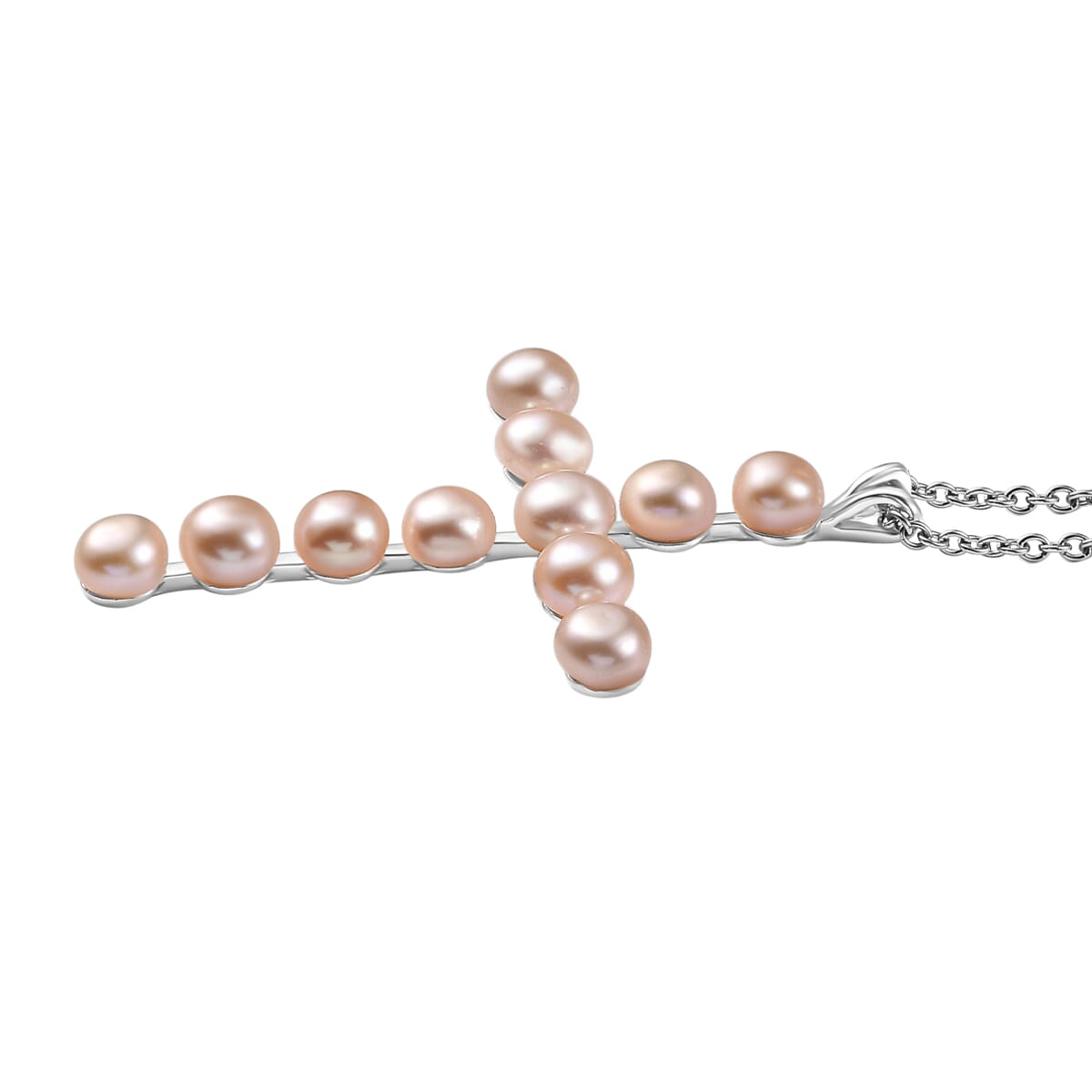 Pink Freshwater Pearl Cross Pendant in Sterling Silver with Stainless Steel Necklace 20 Inches image number 3
