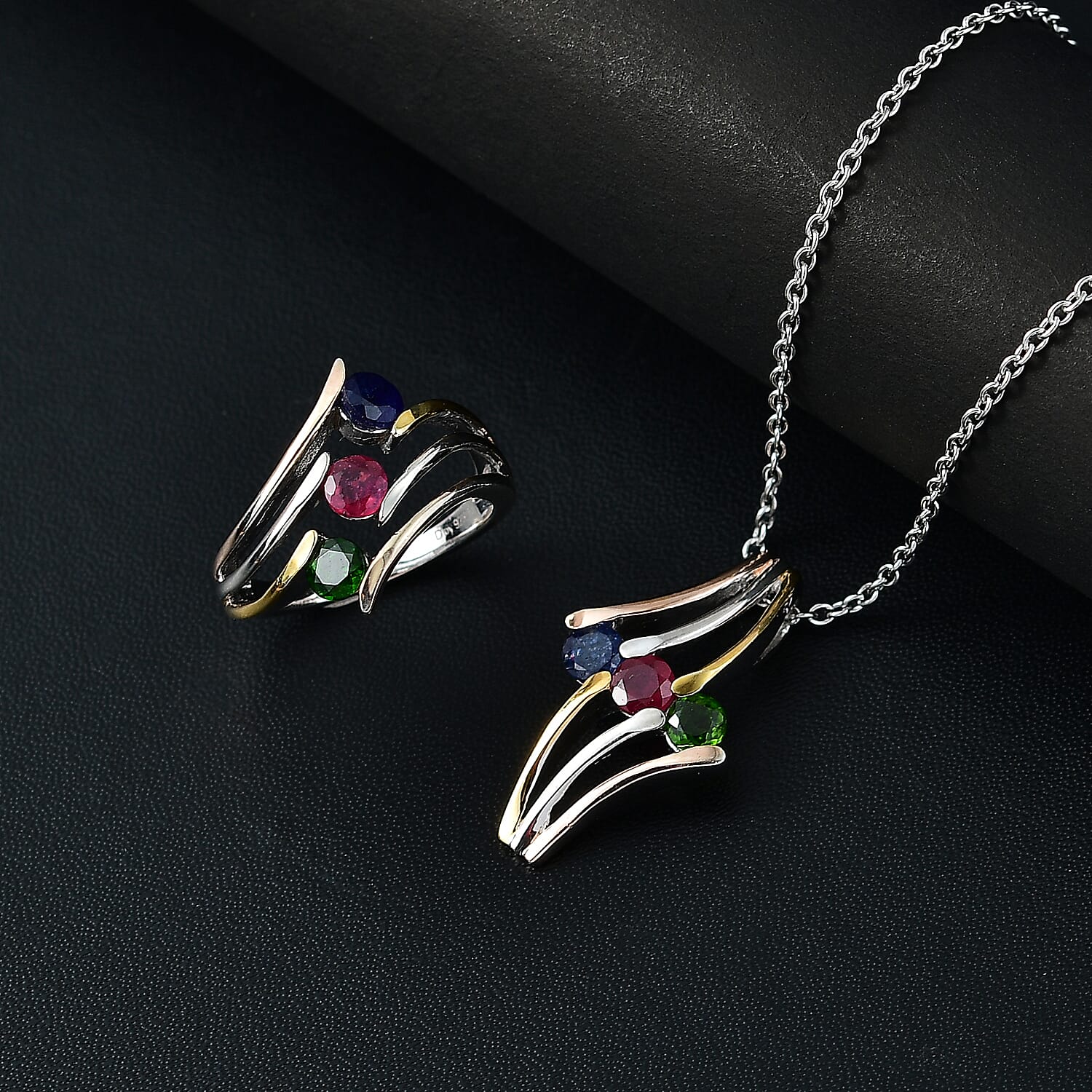 Multi Gemstone 2.00 ctw 3 Stone Ring (Size 7.0) and Pendant in Vermeil YRG & Rhodium Over Sterling Silver with Stainless Steel Necklace 20 Inches