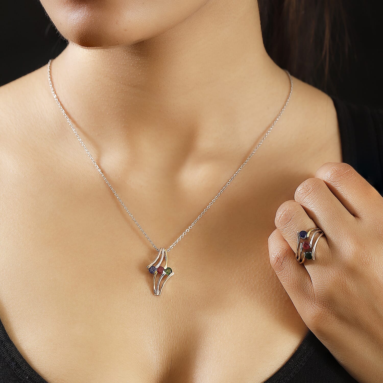 Multi Gemstone 2.00 ctw 3 Stone Ring (Size 7.0) and Pendant in Vermeil YRG & Rhodium Over Sterling Silver with Stainless Steel Necklace 20 Inches