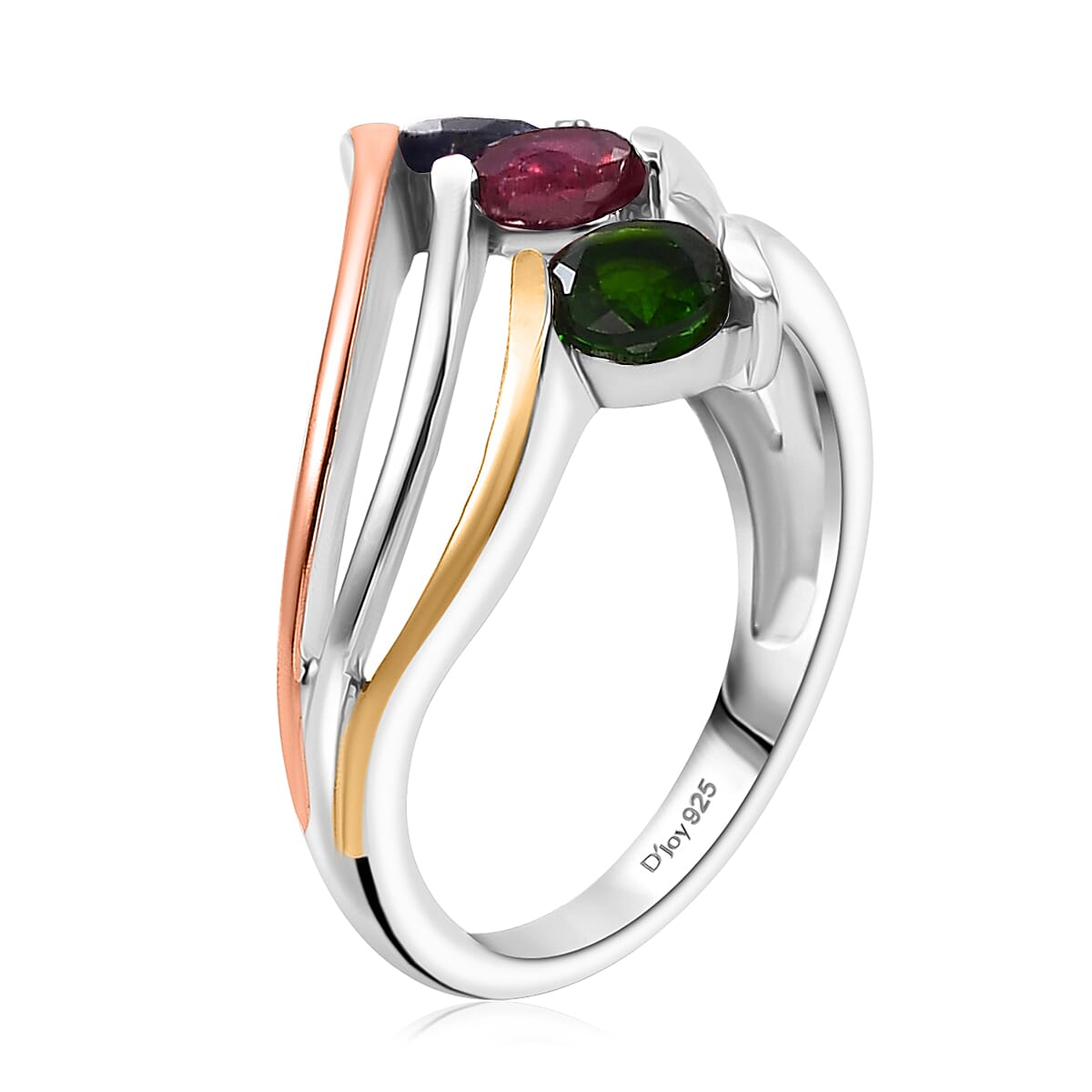 Multi Gemstone 2.00 ctw 3 Stone Ring (Size 7.0) and Pendant in Vermeil YRG & Rhodium Over Sterling Silver with Stainless Steel Necklace 20 Inches