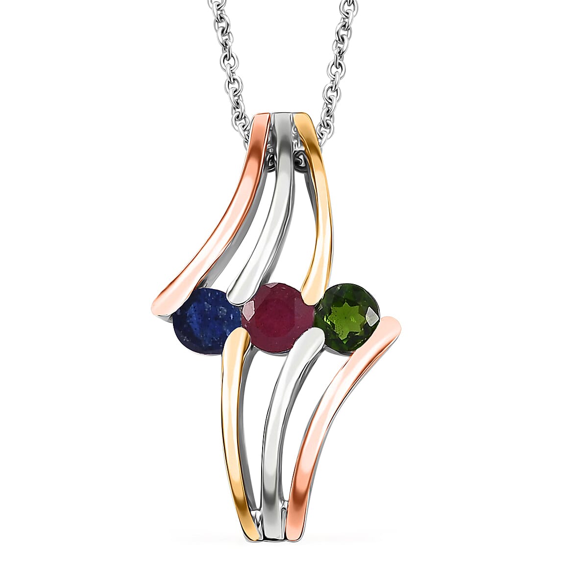 Multi Gemstone 2.00 ctw 3 Stone Ring (Size 7.0) and Pendant in Vermeil YRG & Rhodium Over Sterling Silver with Stainless Steel Necklace 20 Inches