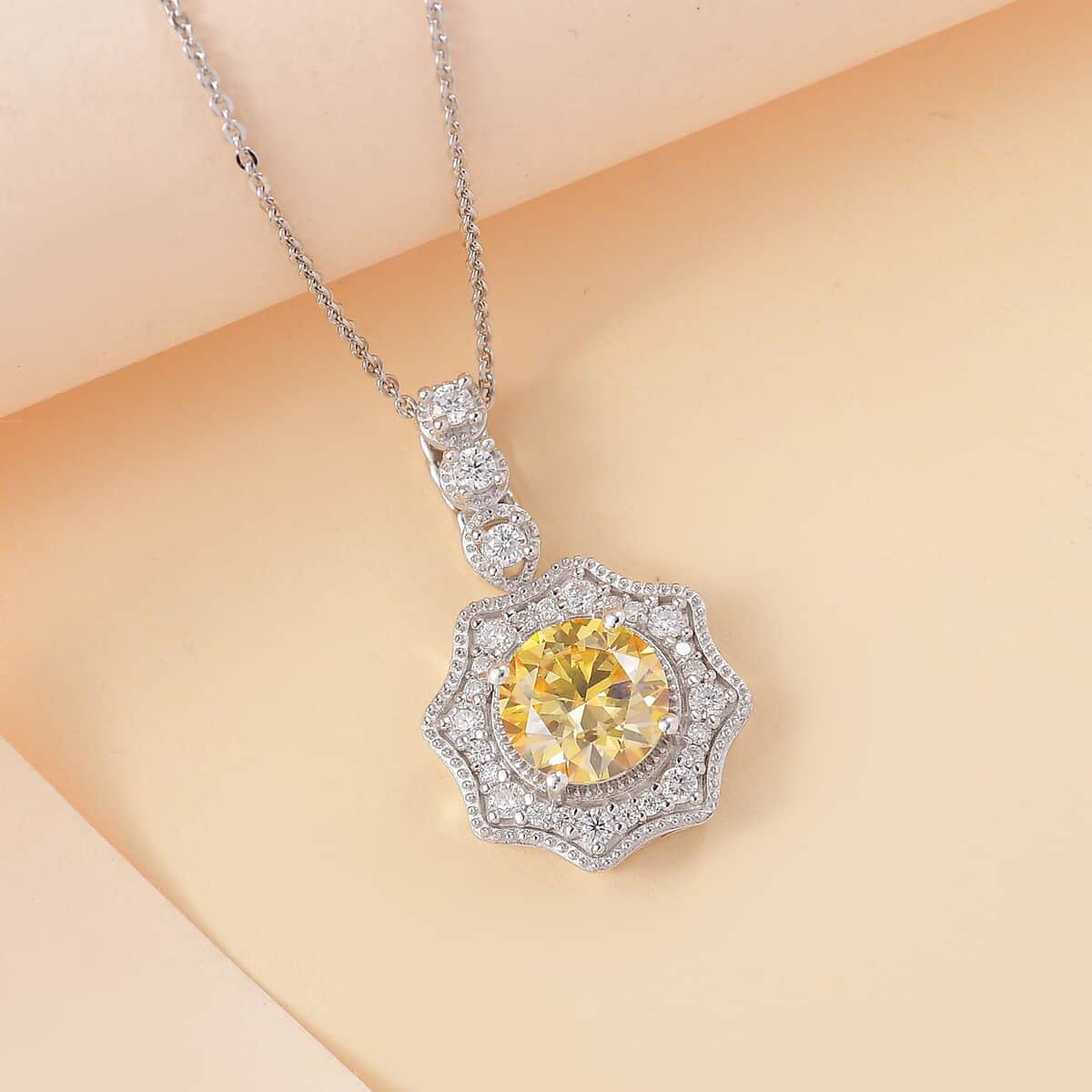 Yellow and White Moissanite 2.25 ctw Sunflower Pendant Necklace Rhodium Over Sterling Silver 20 Inches image number 1