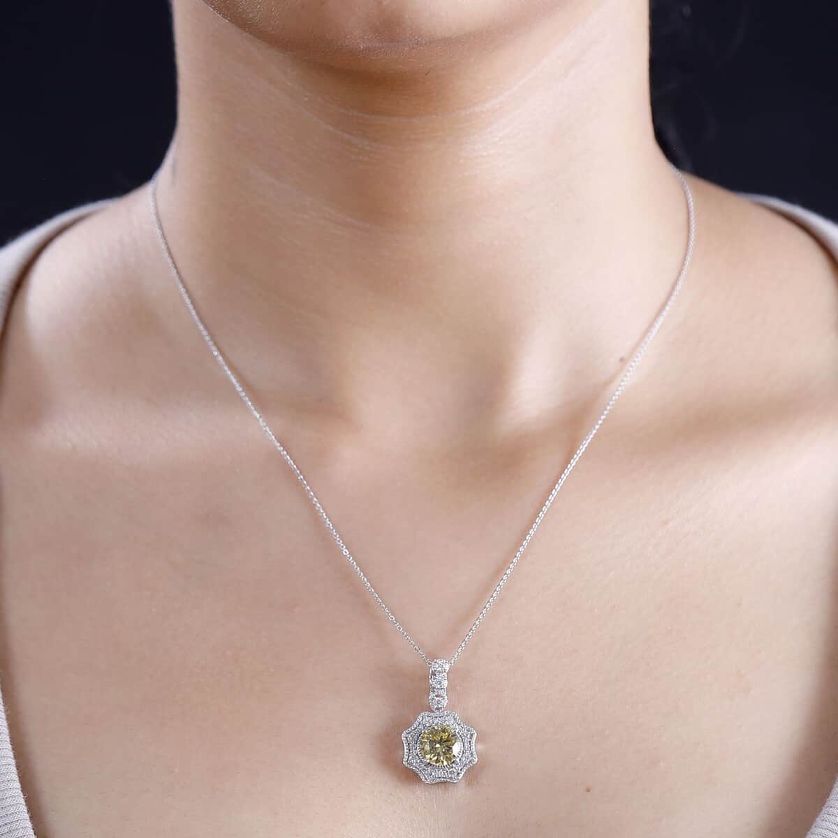 Yellow and White Moissanite 2.25 ctw Sunflower Pendant Necklace Rhodium Over Sterling Silver 20 Inches image number 2