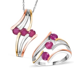 Niassa Ruby (FF) 2.40 ctw 3 Stone Ring (Size 7.00) and Pendant in Vermeil YRG & Rhodium Over Sterling Silver with Stainless Steel Chain 20 Inches