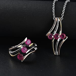 Niassa Ruby (FF) 2.40 ctw 3 Stone Ring (Size 7.00) and Pendant in Vermeil YRG & Rhodium Over Sterling Silver with Stainless Steel Chain 20 Inches