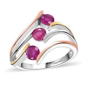 Niassa Ruby (FF) 2.40 ctw 3 Stone Ring (Size 7.00) and Pendant in Vermeil YRG & Rhodium Over Sterling Silver with Stainless Steel Chain 20 Inches