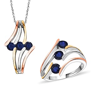 Masoala Sapphire (D) 2.35 ctw 3 Stone Ring (Size 7.00) and Pendant in Vermeil YRG & Rhodium Over Sterling Silver with Stainless Steel Chain 20 Inches