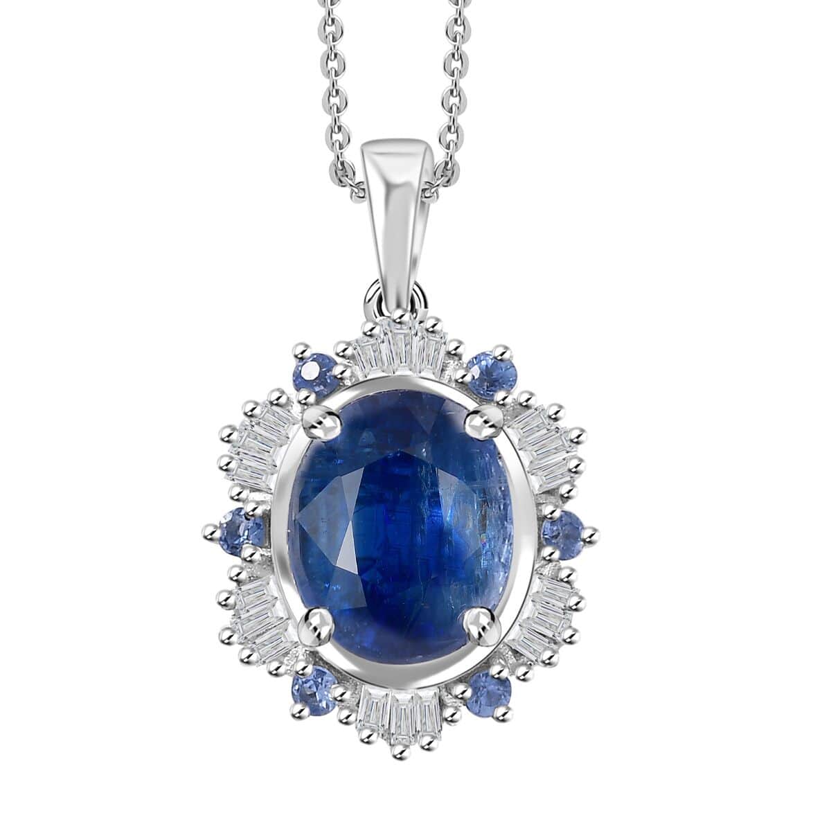 Himalayan Kyanite, Ceylon Sapphire and Diamond 5.00 ctw Midnight Halo Pendant Necklace in Rhodium Over Sterling Silver 20 Inches image number 0