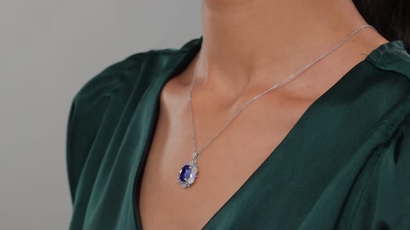 Himalayan Kyanite, Ceylon Sapphire and Diamond 5.00 ctw Midnight Halo Pendant Necklace in Rhodium Over Sterling Silver 20 Inches