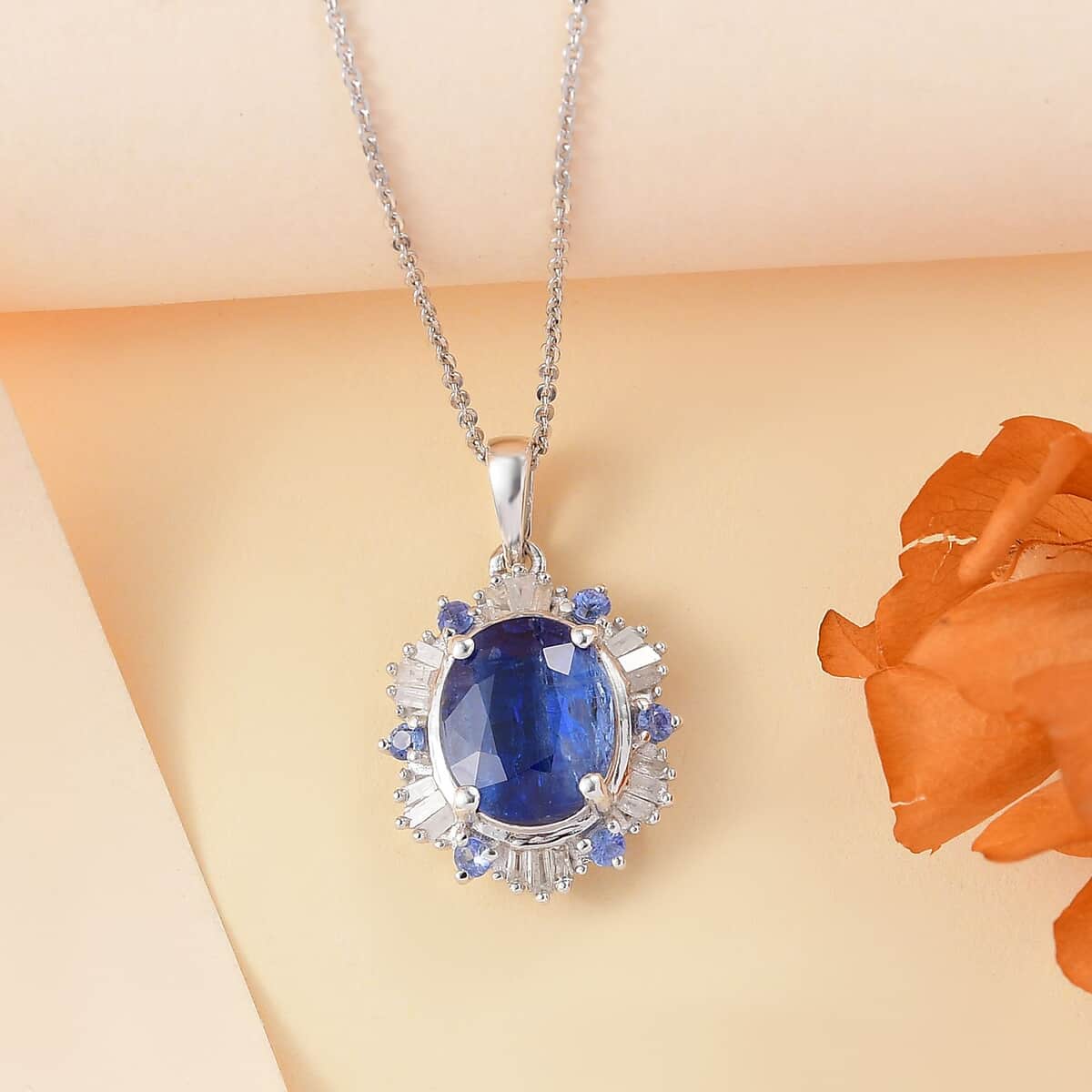 Himalayan Kyanite, Ceylon Sapphire and Diamond 5.00 ctw Midnight Halo Pendant Necklace in Rhodium Over Sterling Silver 20 Inches image number 1