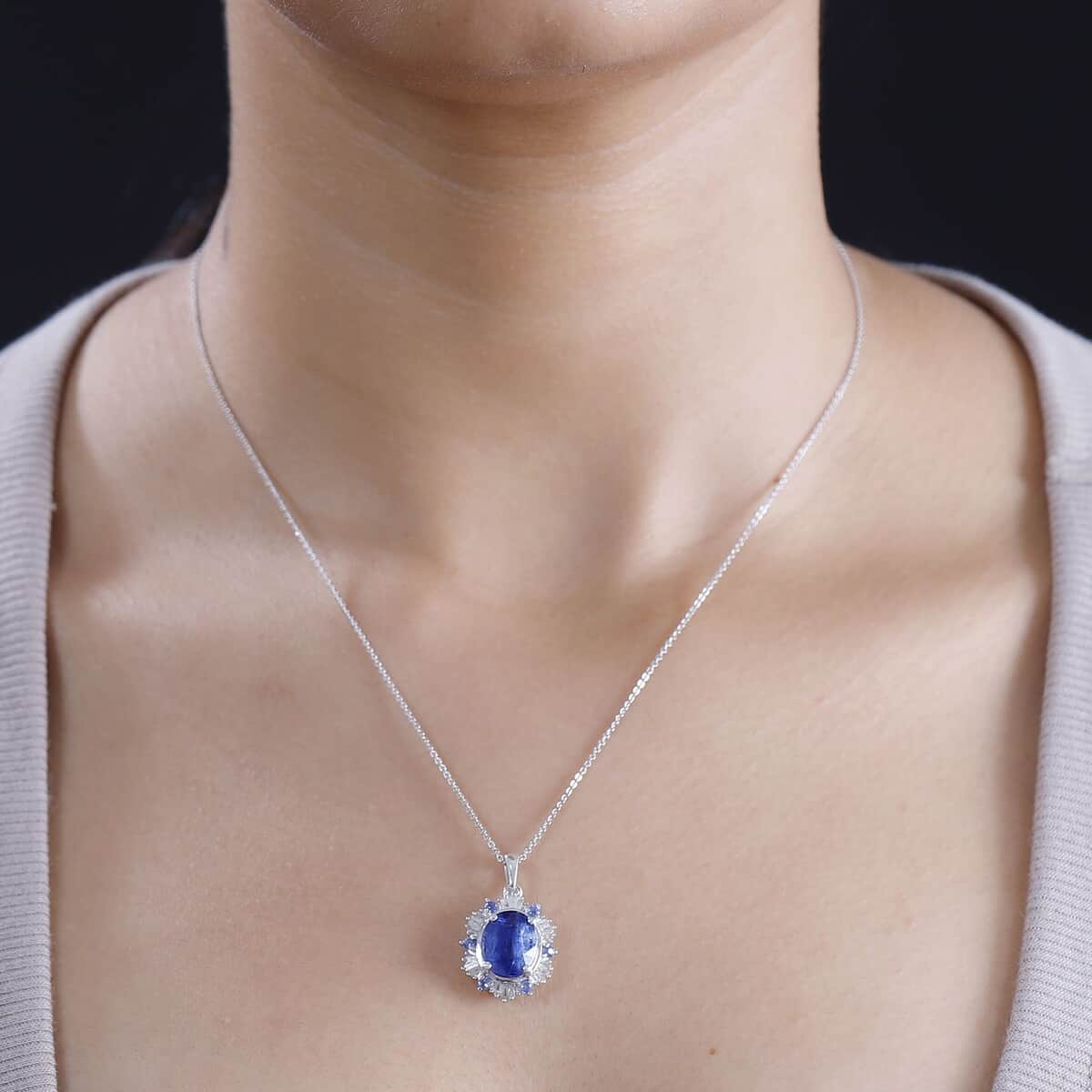 Himalayan Kyanite, Ceylon Sapphire and Diamond 5.00 ctw Midnight Halo Pendant Necklace in Rhodium Over Sterling Silver 20 Inches image number 2