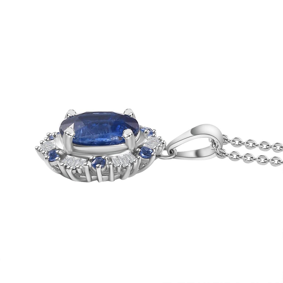 Himalayan Kyanite, Ceylon Sapphire and Diamond 5.00 ctw Midnight Halo Pendant Necklace in Rhodium Over Sterling Silver 20 Inches image number 3