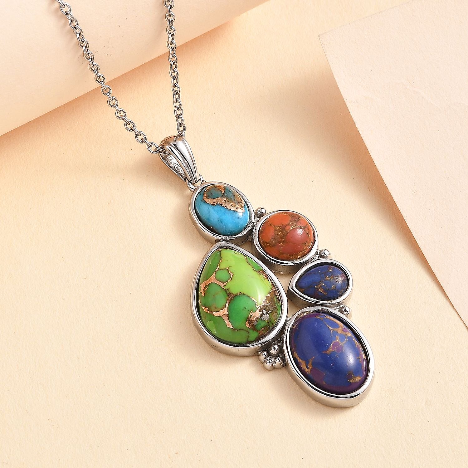 Mojave Multi Turquoise 18.50 ctw Pendant Necklace in Stainless Steel 20 Inches