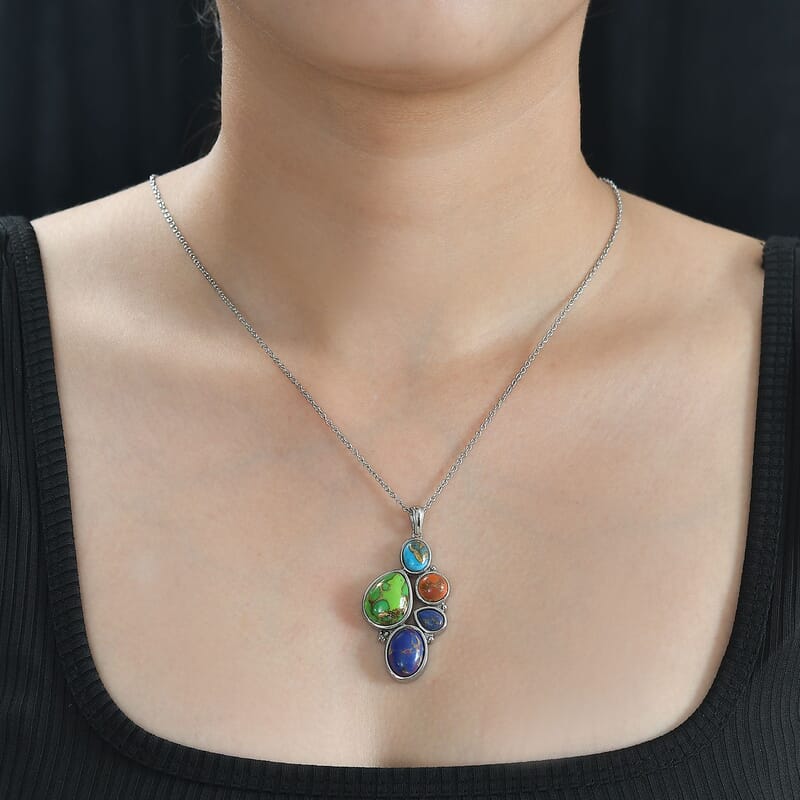 Mojave Multi Turquoise 18.50 ctw Pendant Necklace in Stainless Steel 20 Inches