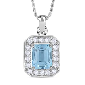 Blue Topaz and Simulated Diamond 3.20 ctw Pendant Necklace in Silvertone 18 Inches