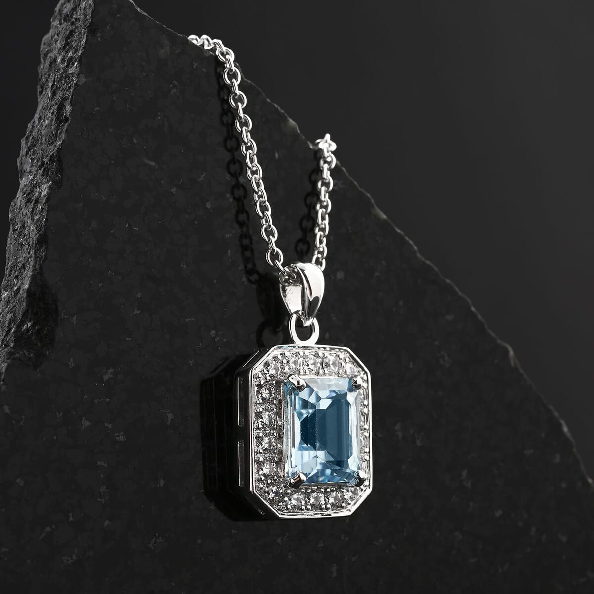 Blue Topaz and Simulated Diamond 3.20 ctw Pendant Necklace in Silvertone 18 Inches image number 2