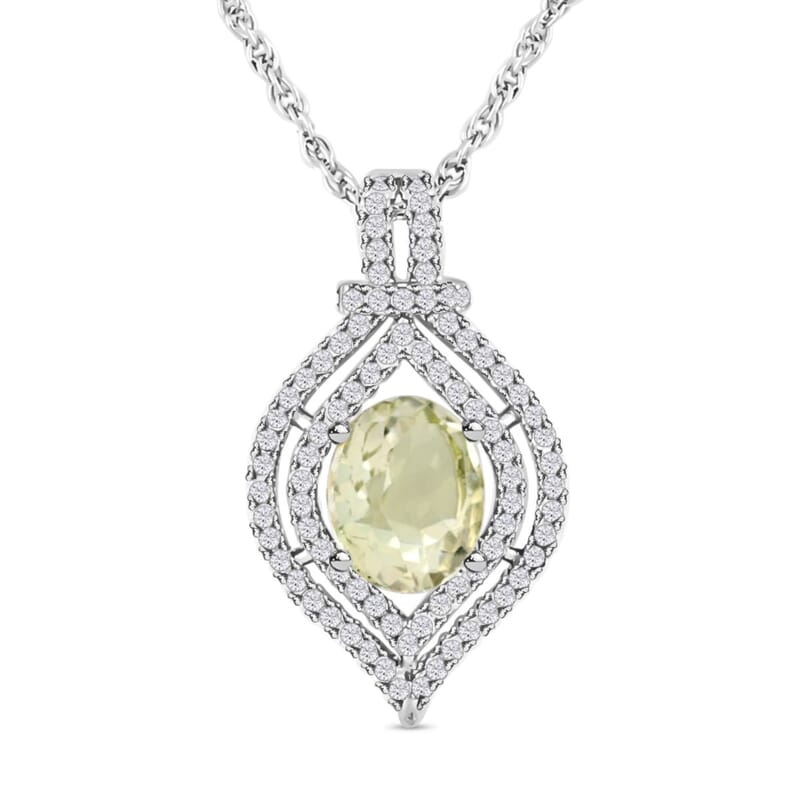 Simulated Prasiolite and Simulated Diamond 3.80 ctw Pendant Necklace in Silvertone 18 Inches