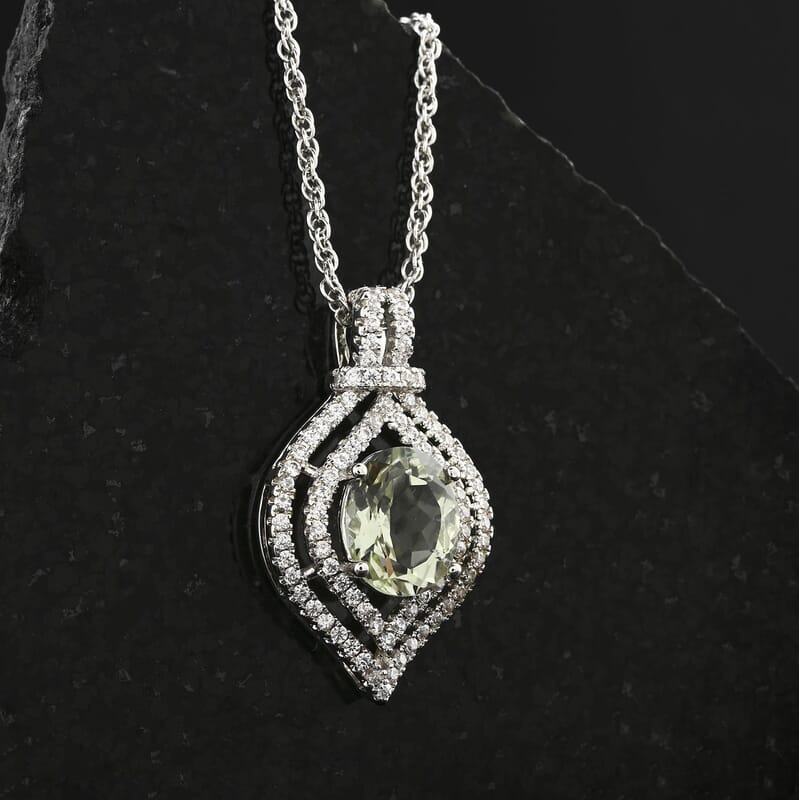 Simulated Prasiolite and Simulated Diamond 3.80 ctw Pendant Necklace in Silvertone 18 Inches