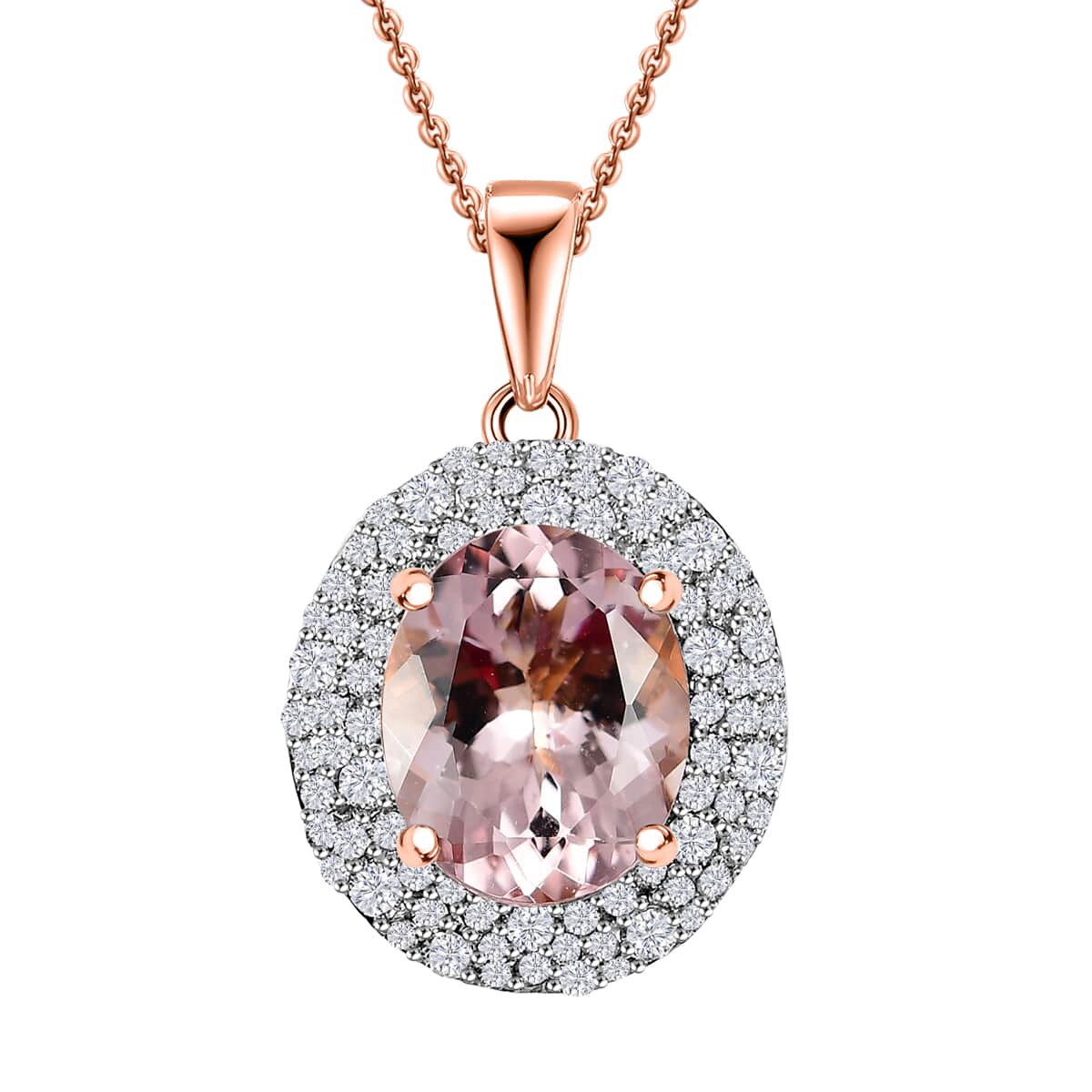 Certified & Appraised Luxoro AAA Pink Morganite and G-H I2 Diamond 4.13 ctw Double Halo Pendant Necklace in 14K Rose Gold 18 Inches image number 0