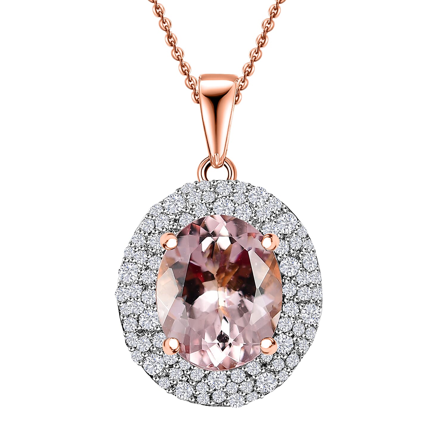Certified & Appraised Luxoro AAA Pink Morganite and G-H I2 Diamond 4.13 ctw Double Halo Pendant Necklace in 14K Rose Gold 18 Inc