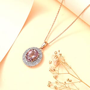 Certified & Appraised Luxoro AAA Pink Morganite and G-H I2 Diamond 4.13 ctw Double Halo Pendant Necklace in 14K Rose Gold 18 Inches