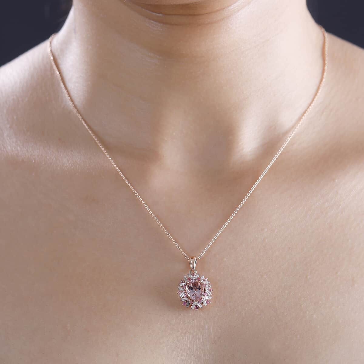 Certified & Appraised Luxoro AAA Pink Morganite and G-H I2 Diamond 4.13 ctw Double Halo Pendant Necklace in 14K Rose Gold 18 Inches image number 2