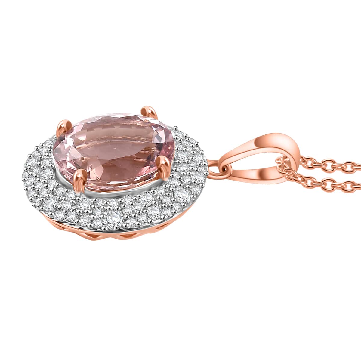 Certified & Appraised Luxoro AAA Pink Morganite and G-H I2 Diamond 4.13 ctw Double Halo Pendant Necklace in 14K Rose Gold 18 Inches image number 3