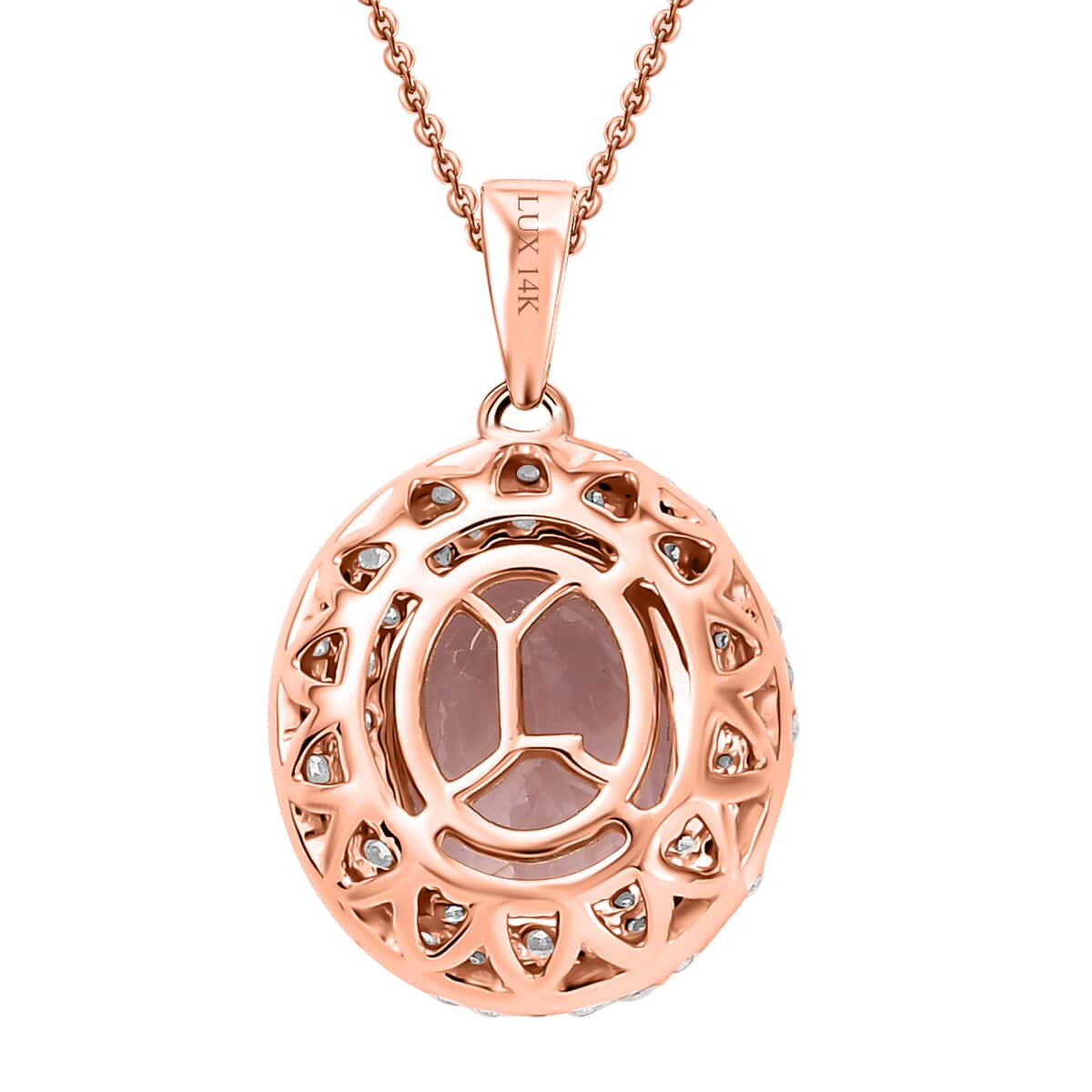 Certified & Appraised Luxoro AAA Pink Morganite and G-H I2 Diamond 4.13 ctw Double Halo Pendant Necklace in 14K Rose Gold 18 Inches image number 4