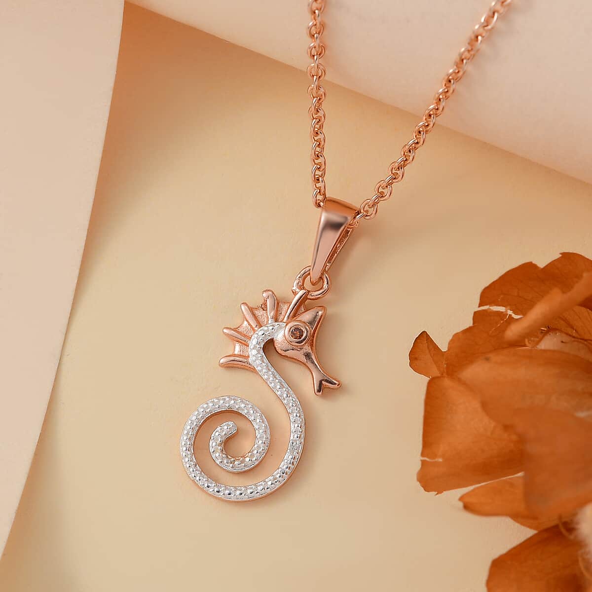 Karis Red and White Diamond accent Seahorse Pendant in 18K RG Plated with Stainless Steel Necklace 20 Inches image number 1