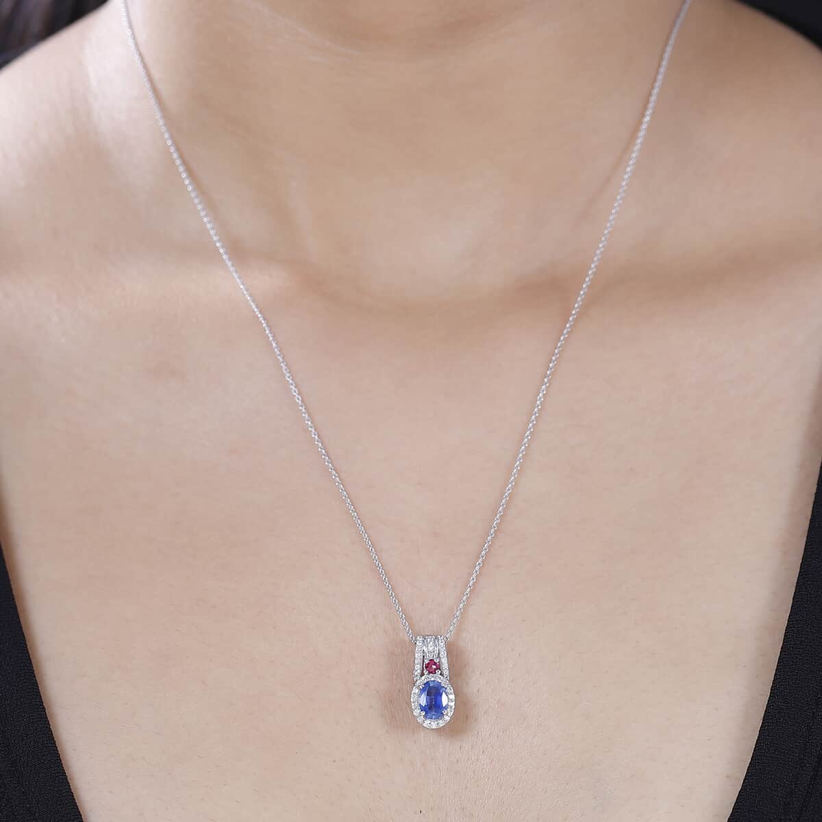 Ceylon Blue Sapphire and Multi Gemstone 1.50 ctw Mystic Twilight Pendant Necklace in Rhodium Over Sterling Silver 20 Inches image number 2