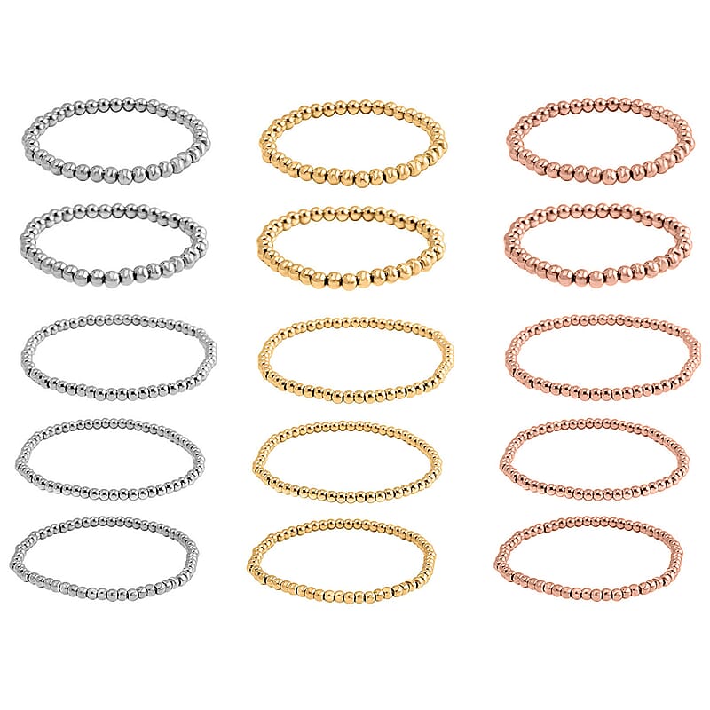 EverTrue Set of 15 Beaded Stretch Bracelet in ION Plated YRG and Stainless Steel