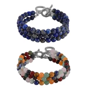 Set of 2, Multi Gemstone and Lapis Lazuli Beaded Triple Row Bracelet in Stainless Steel 293.50 ctw