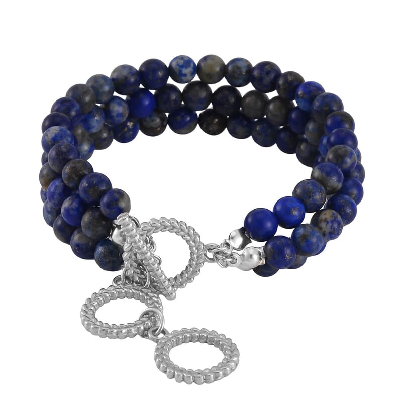 Set of 2, Multi Gemstone and Lapis Lazuli Beaded Triple Row Bracelet in Stainless Steel 293.50 ctw
