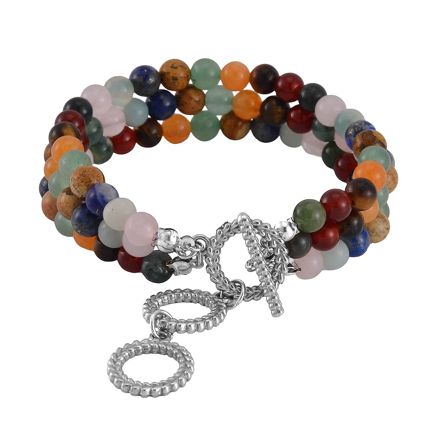 Set of 2, Multi Gemstone and Lapis Lazuli Beaded Triple Row Bracelet in Stainless Steel 293.50 ctw
