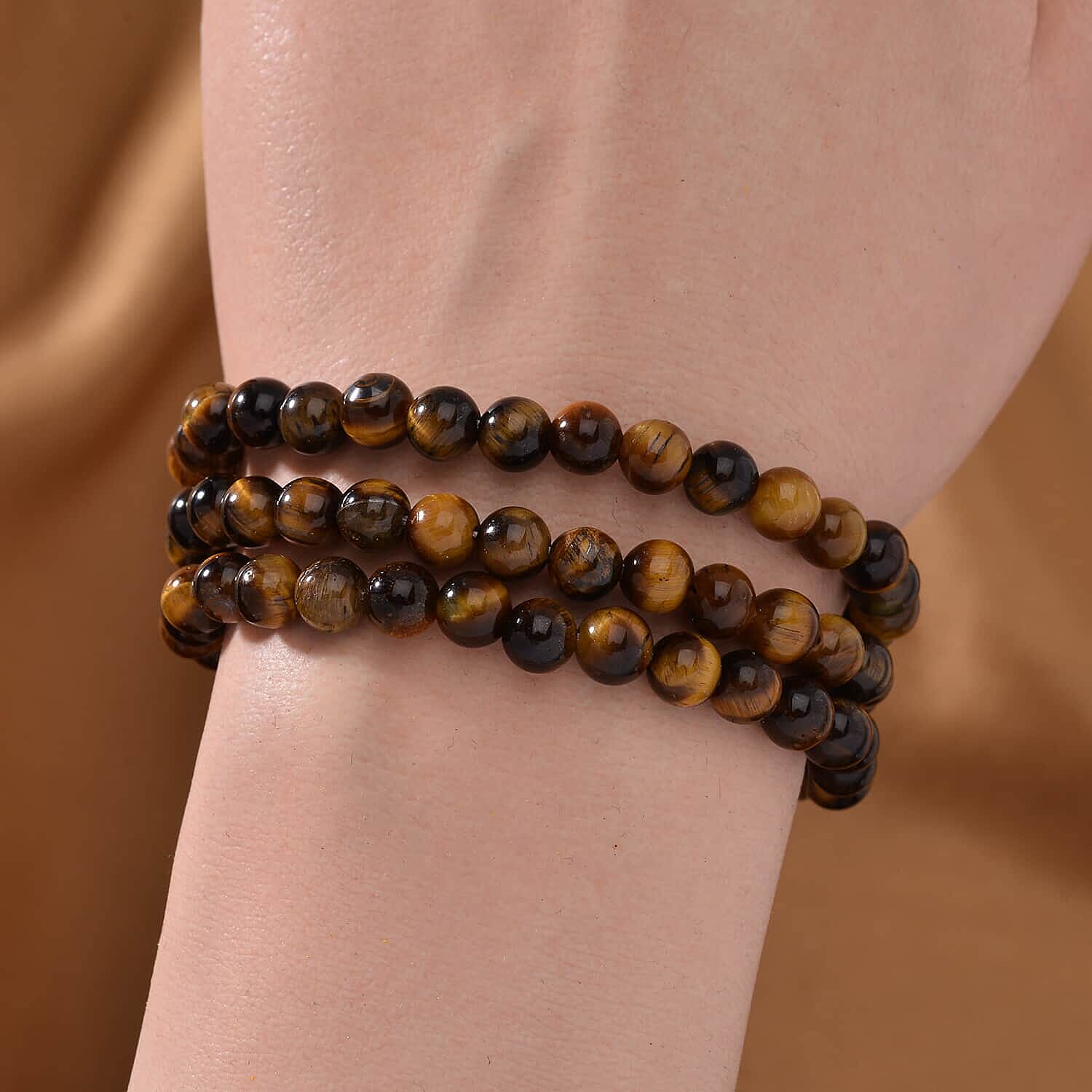 Set of 3, Yellow Tiger's Eye, Lapis Lazuli and Multi Agate Beaded Triple Row Bracelet in Silvertone 428.00 ctw