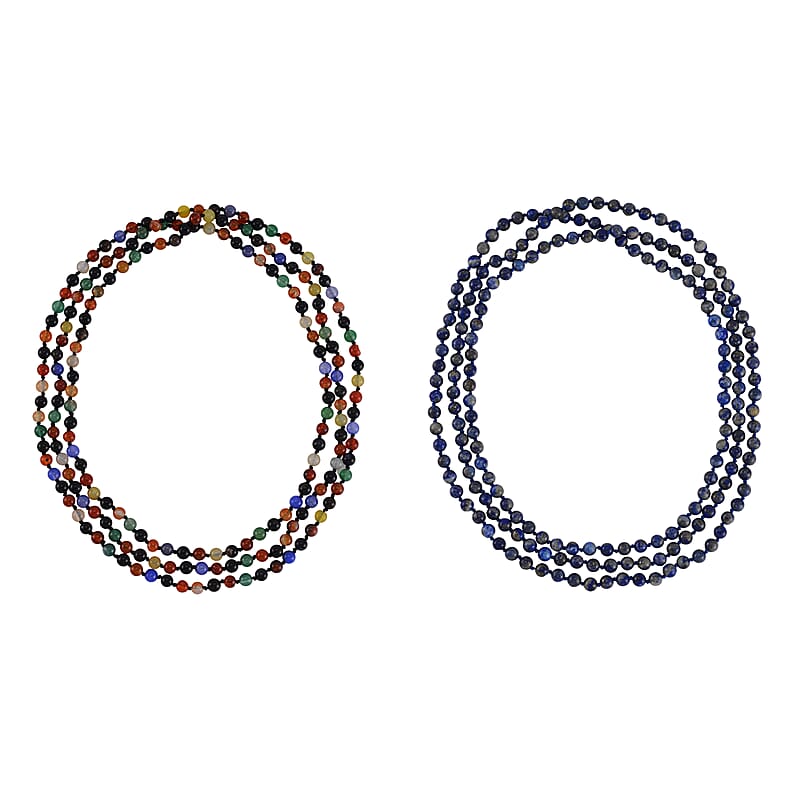 Set of 2 Multi Gemstone and Lapis Lazuli Beaded Endless Necklace (60 Inches) 742.00 ctw