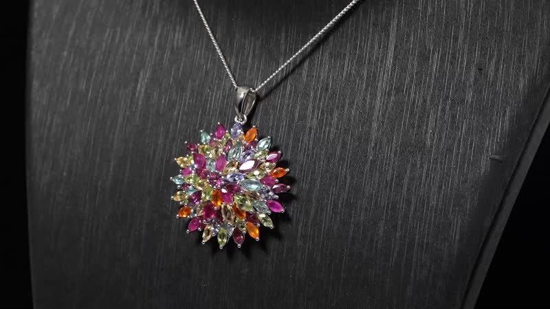 TLV Multi Gemstone Floral Spray Pendant Necklace (18 Inches) in Platinum and Rhodium Over Sterling Silver 6.75 ctw