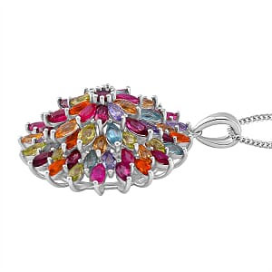 Multi Gemstone 6.75 ctw Floral Spray Pendant Necklace in Platinum and Rhodium Over Sterling Silver 18 Inches