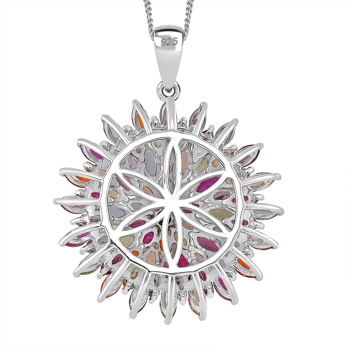 Multi Gemstone 6.75 ctw Floral Spray Pendant Necklace in Platinum and Rhodium Over Sterling Silver 18 Inches