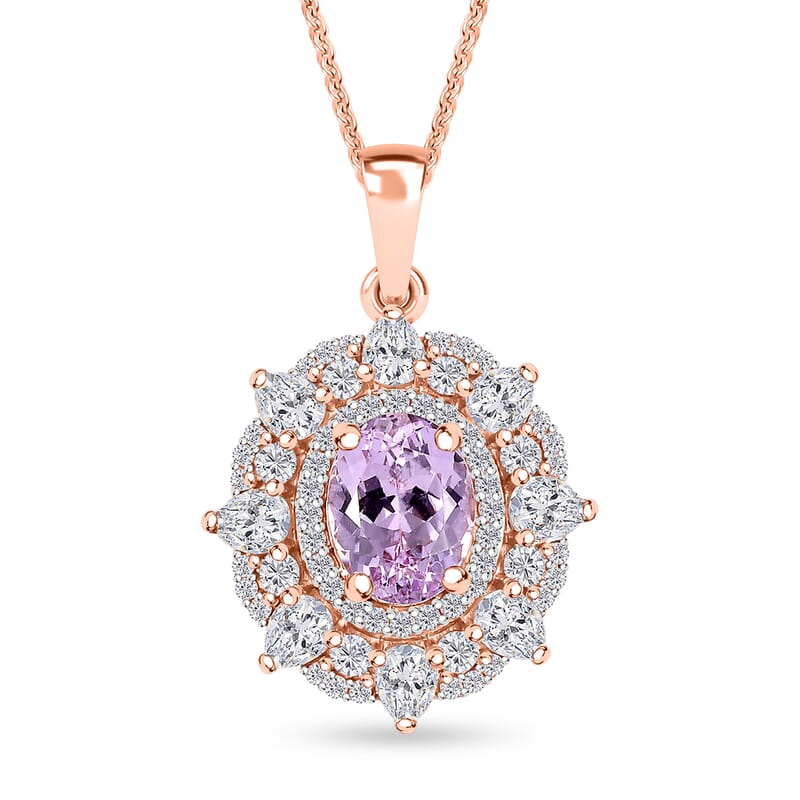 Martha Rocha Kunzite and Moissanite 4.20 ctw Celtic Love Knot Pendant Necklace in 18K Vermeil Rose Gold Over Sterling Silver 20 Inches