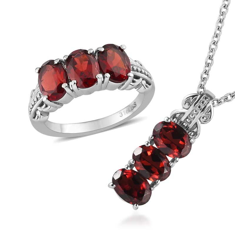 Mozambique Garnet 5.70 ctw 3 Stone Ring Size 5 and Pendant Necklace 20 Inches in Stainless Steel