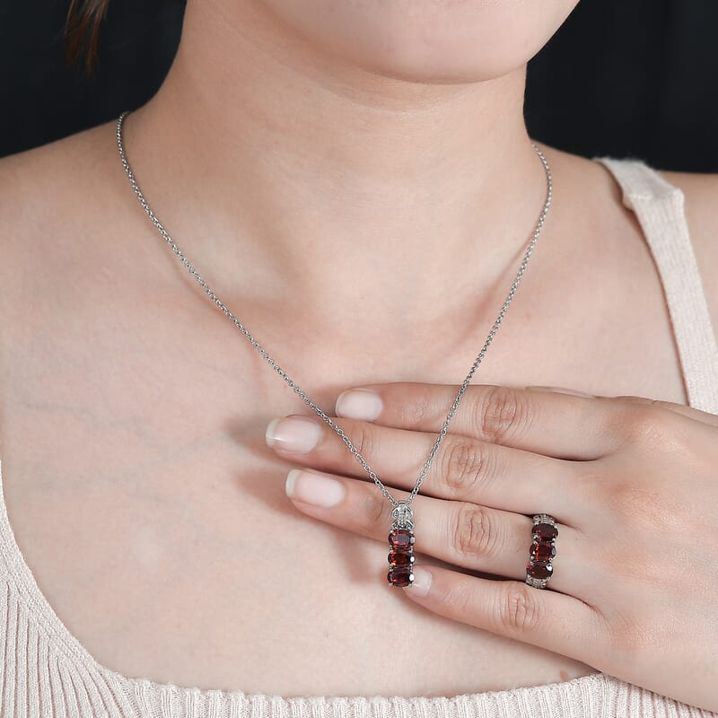 Mozambique Garnet 5.70 ctw 3 Stone Ring Size 5 and Pendant Necklace 20 Inches in Stainless Steel