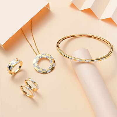 Karis Diamond 0.10 ctw Bangle Bracelet (7.25In), Earrings, Ring (Size 5) and Pendant in 18K YG Plated with ION Plated YG Stainless Steel Necklace 20 Inches