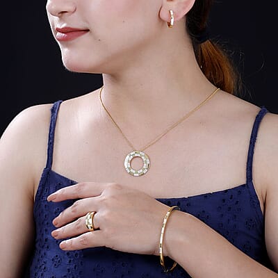 Karis Diamond 0.10 ctw Bangle Bracelet (7.25In), Earrings, Ring (Size 5) and Pendant in 18K YG Plated with ION Plated YG Stainless Steel Necklace 20 Inches