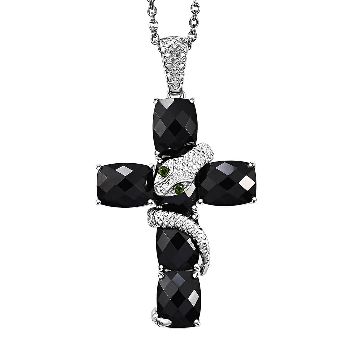 Karis Thai Black Spinel and Chrome Diopside 19.30 ctw Serpent Cross Pendant in Platinum Bond with Stainless Steel Necklace 24 Inches image number 0