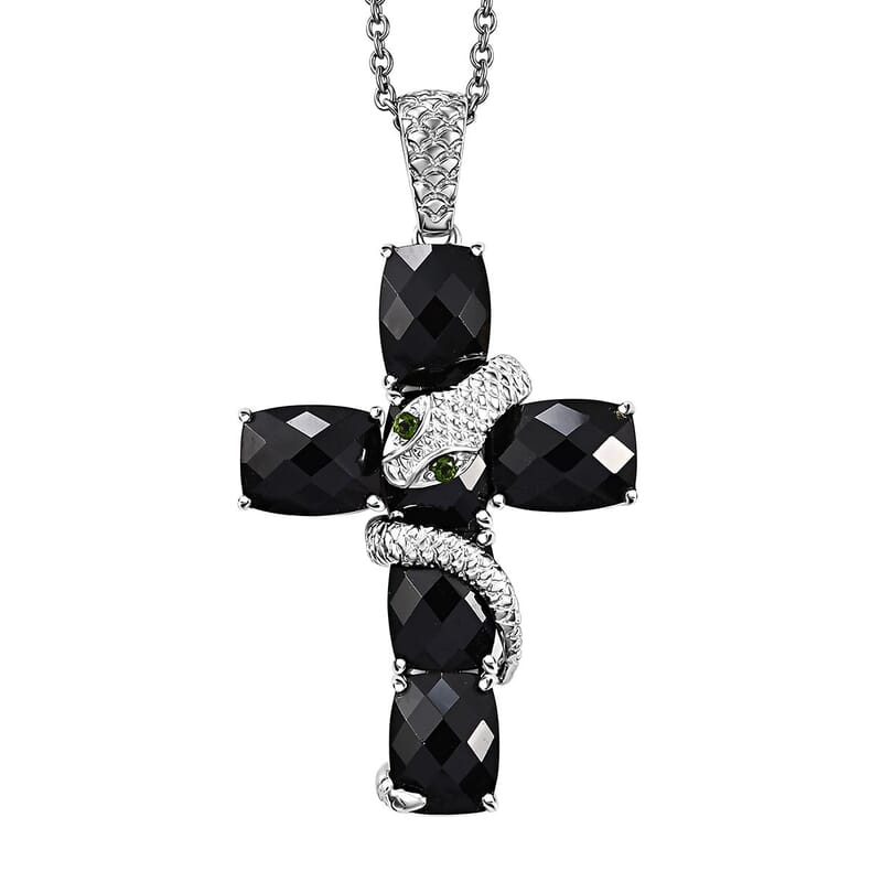 Karis Thai Black Spinel and Chrome Diopside 19.30 ctw Serpent Cross Pendant in Platinum Bond with Stainless Steel Necklace 24 Inches