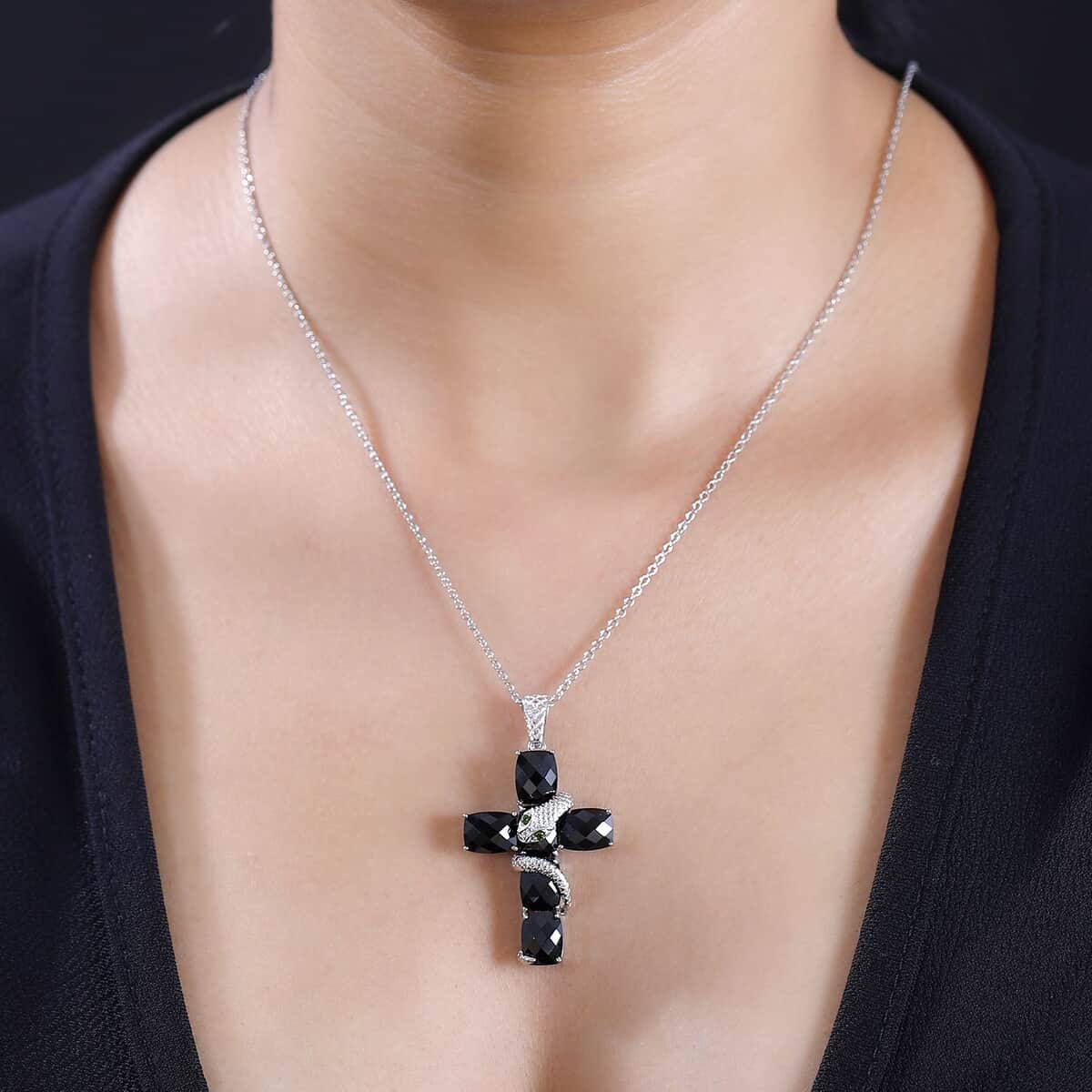 Karis Thai Black Spinel and Chrome Diopside 19.30 ctw Serpent Cross Pendant in Platinum Bond with Stainless Steel Necklace 24 Inches image number 2