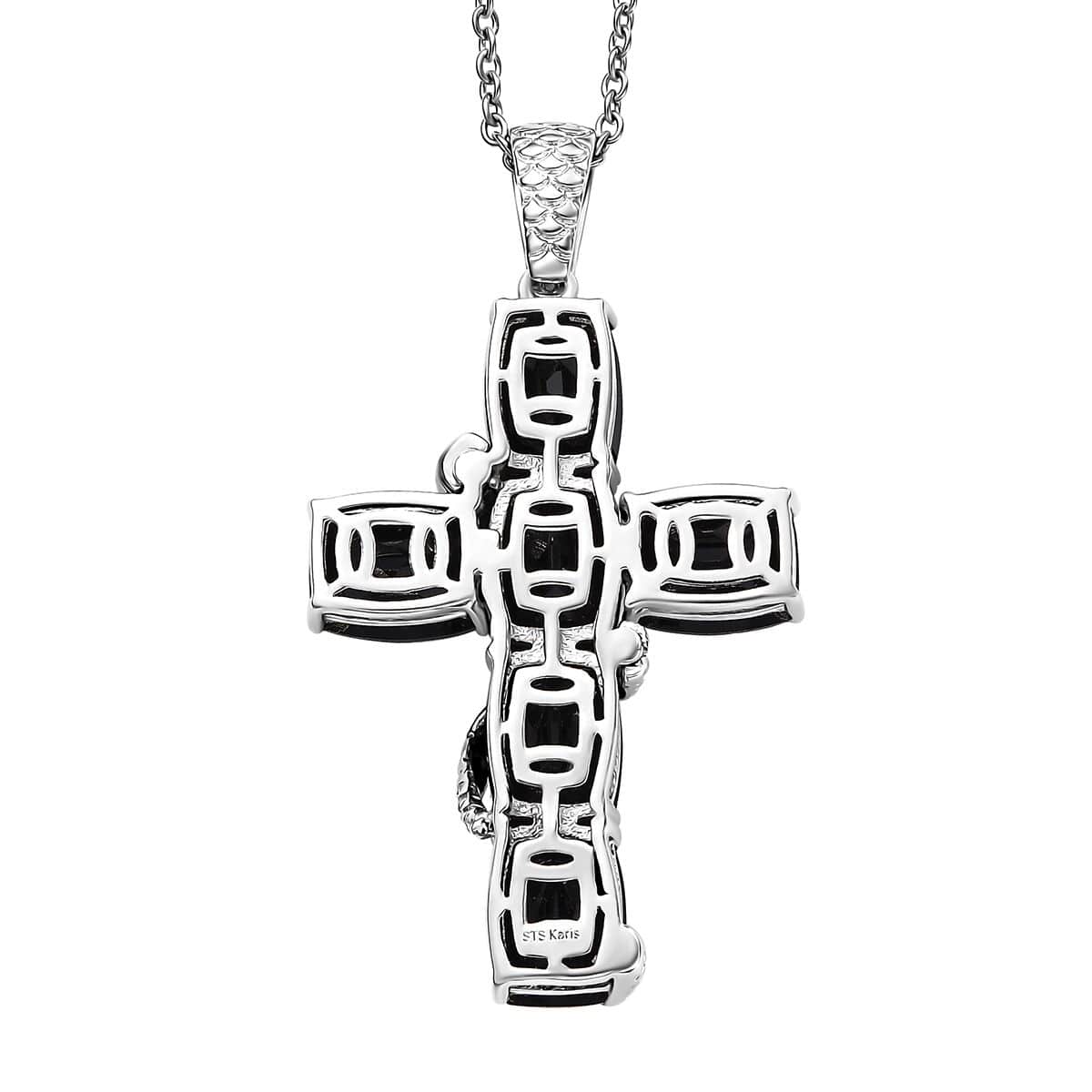 Karis Thai Black Spinel and Chrome Diopside 19.30 ctw Serpent Cross Pendant in Platinum Bond with Stainless Steel Necklace 24 Inches image number 4