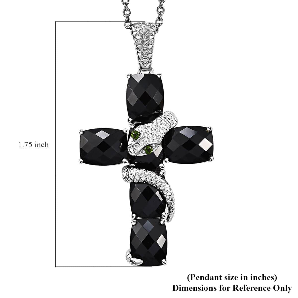 Karis Thai Black Spinel and Chrome Diopside 19.30 ctw Serpent Cross Pendant in Platinum Bond with Stainless Steel Necklace 24 Inches image number 5