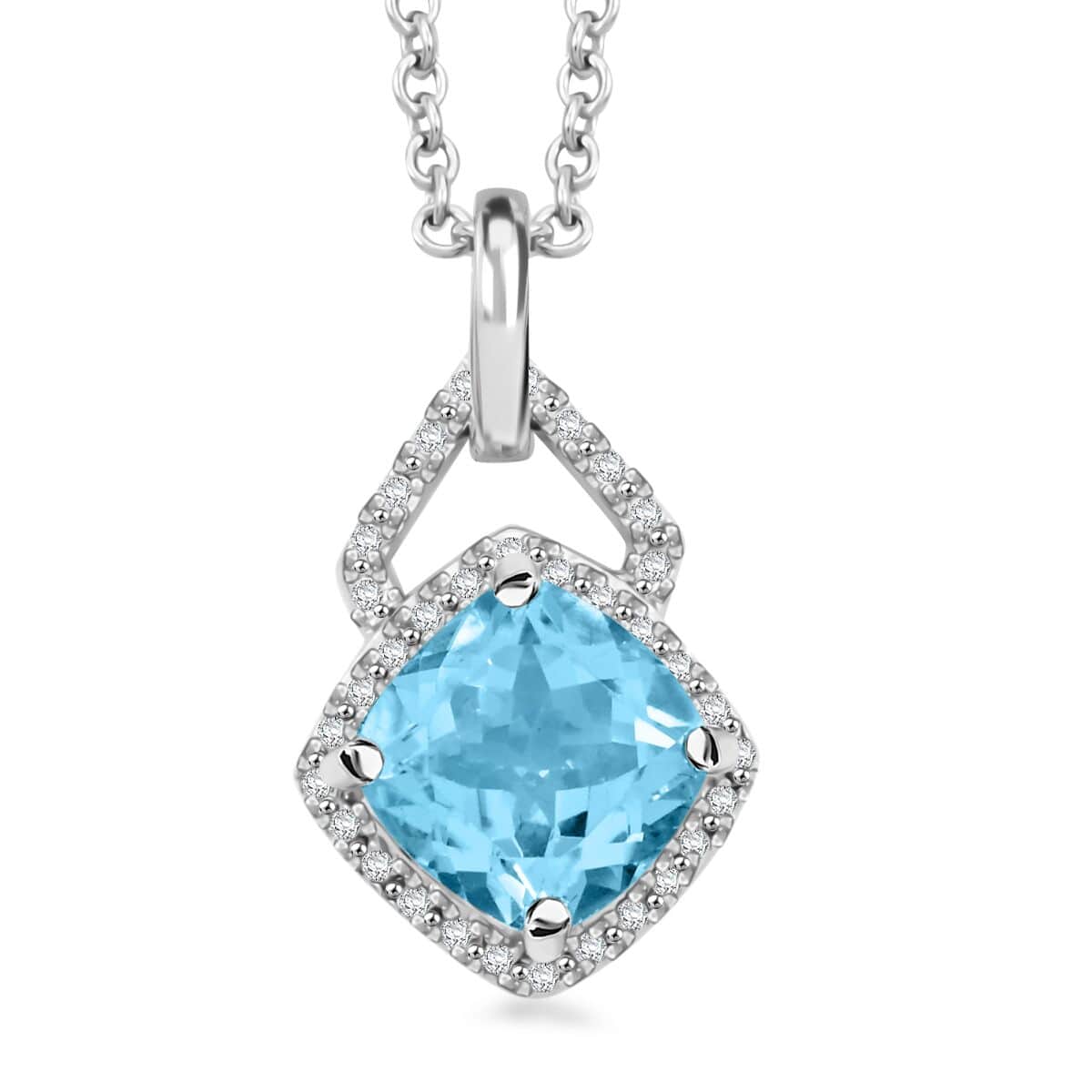 Blue Topaz and Simulated Diamond 5.10 ctw Pendant Necklace in Silvertone 18 Inches image number 0